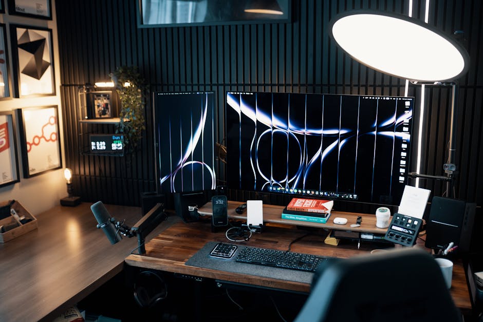 High-end professional desk setup with monitors and studio lighting
